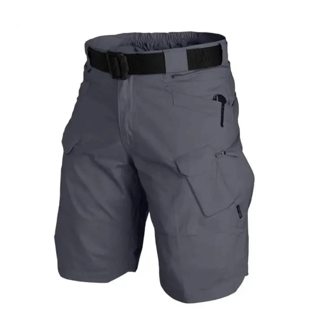 Gray cargo shorts with multiple pockets and a black belt on a white background