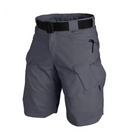 Gray cargo shorts with multiple pockets and a black belt on a white background