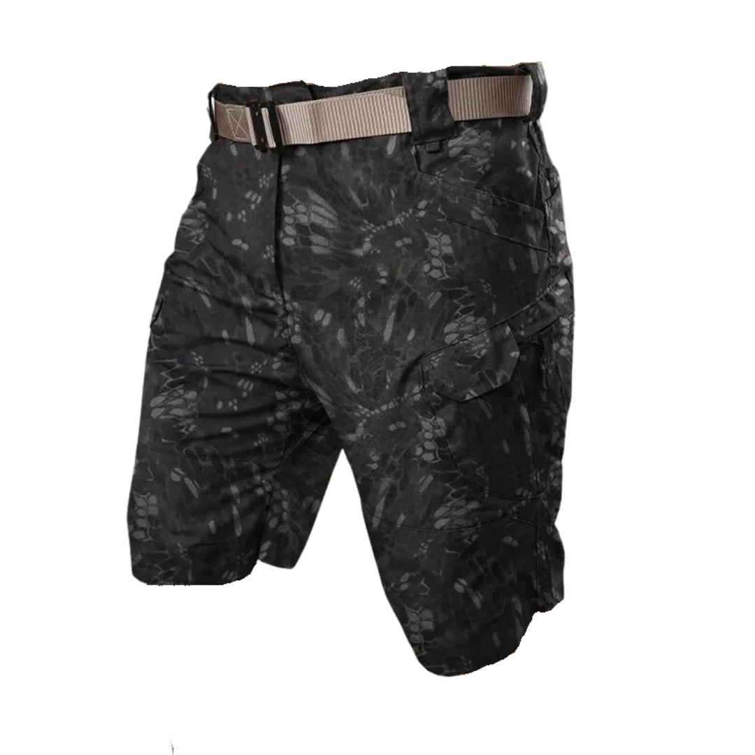 Black camouflage shorts with a belt