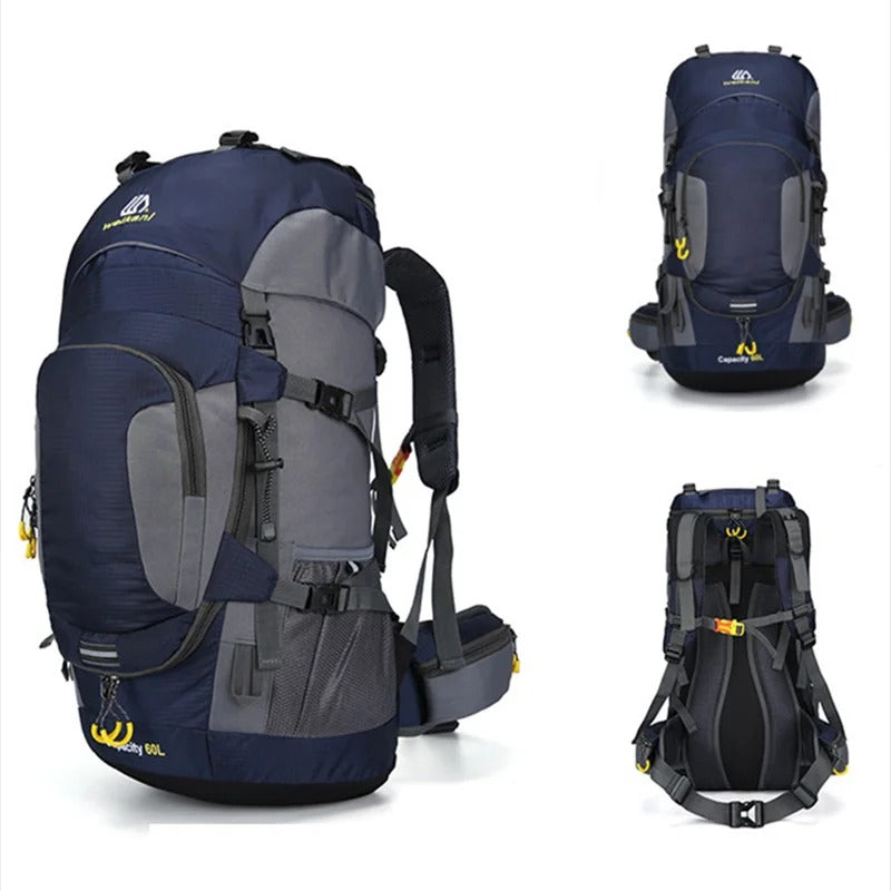 The Outdoor Backpack 60L is suitable for carrying clothing, gear, and essentials on longer trips. With a 60-liter capacity, it offers multiple compartments for organized storage. Adjustable straps allow the backpack to be fitted as needed. A handle and shoulder straps make it convenient to carry. Additional features include trekking pole straps, hip storage, and a drawcord for securing clothing.