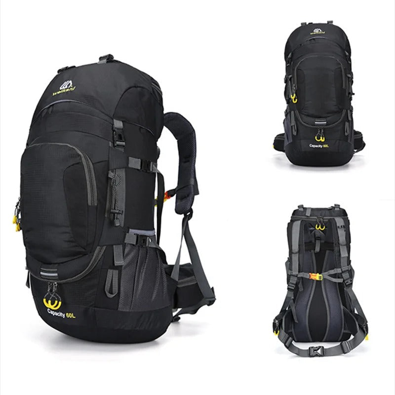 The Outdoor Backpack 60L is suitable for carrying clothing, gear, and essentials on longer trips. With a 60-liter capacity, it offers multiple compartments for organized storage. Adjustable straps allow the backpack to be fitted as needed. A handle and shoulder straps make it convenient to carry. Additional features include trekking pole straps, hip storage, and a drawcord for securing clothing.