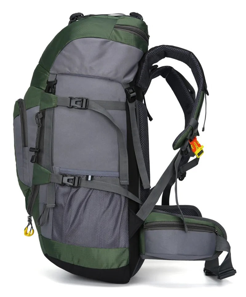 The Outdoor Backpack 60L is suitable for carrying clothing, gear, and essentials on longer trips. With a 60-liter capacity, it offers multiple compartments for organized storage. Adjustable straps allow the backpack to be fitted as needed. A handle and shoulder straps make it convenient to carry. Additional features include trekking pole straps, hip storage, and a drawcord for securing clothing.