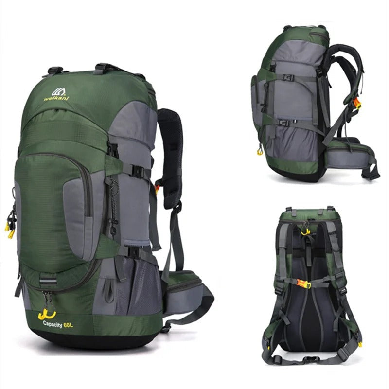 The Outdoor Backpack 60L is suitable for carrying clothing, gear, and essentials on longer trips. With a 60-liter capacity, it offers multiple compartments for organized storage. Adjustable straps allow the backpack to be fitted as needed. A handle and shoulder straps make it convenient to carry. Additional features include trekking pole straps, hip storage, and a drawcord for securing clothing.