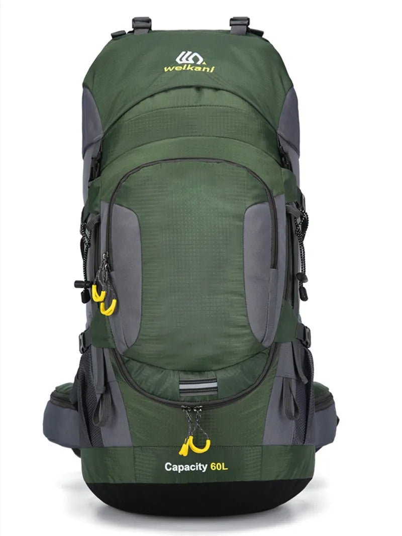 The Outdoor Backpack 60L is suitable for carrying clothing, gear, and essentials on longer trips. With a 60-liter capacity, it offers multiple compartments for organized storage. Adjustable straps allow the backpack to be fitted as needed. A handle and shoulder straps make it convenient to carry. Additional features include trekking pole straps, hip storage, and a drawcord for securing clothing.